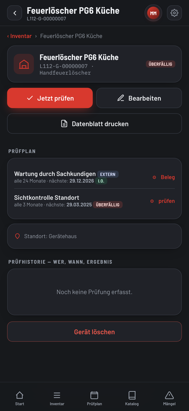 Geräteansicht mit zwei Fristen, Prüfplan je Prüfart, Standort und Prüfhistorie