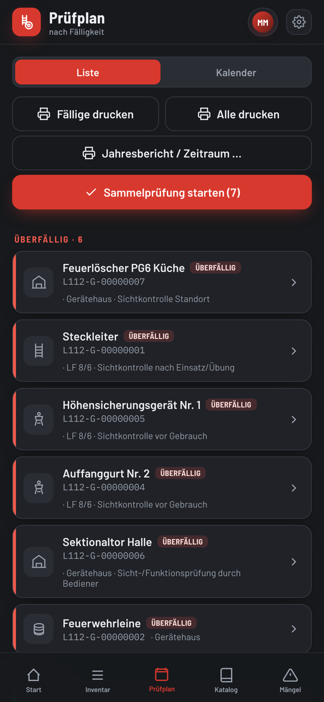 Prüfplan nach Fälligkeit sortiert, mit Sammelprüfung und Druck der fälligen Geräte